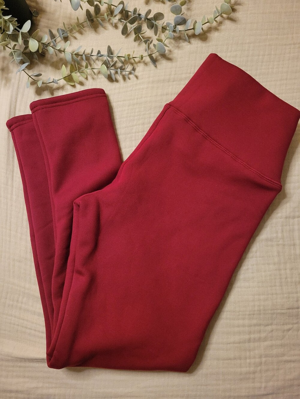 Fleece Lined High Waisted Leggings Burgundy Wine Red Thermal Winter Leggings
